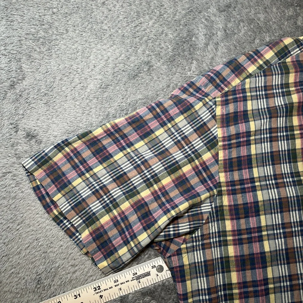 VTG Ralph Lauren Mcmeel Short Sleeve Plaid Polo Button Down Shirt Navy Pony SZ L